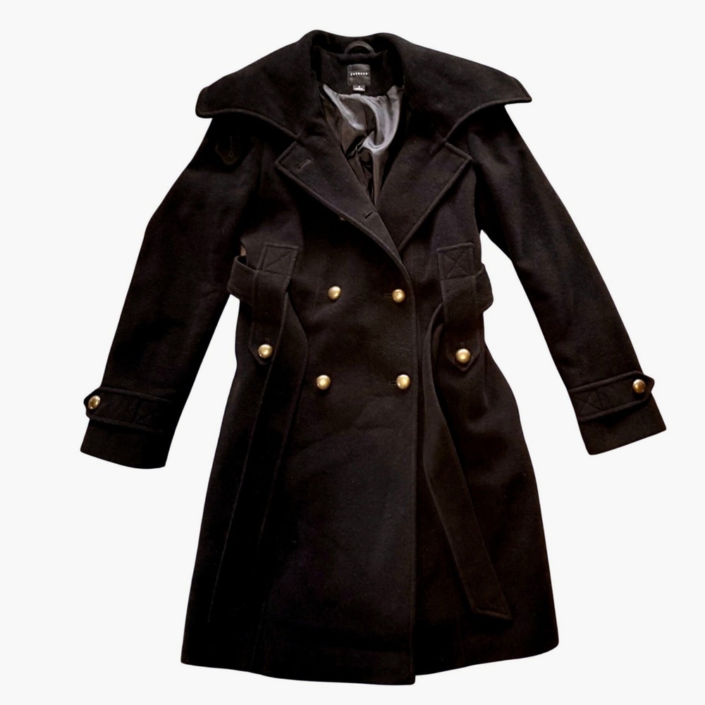 Chequer Wool‎ Cashmere Double Breasted Belted Trench Coat Black Womens Size 6